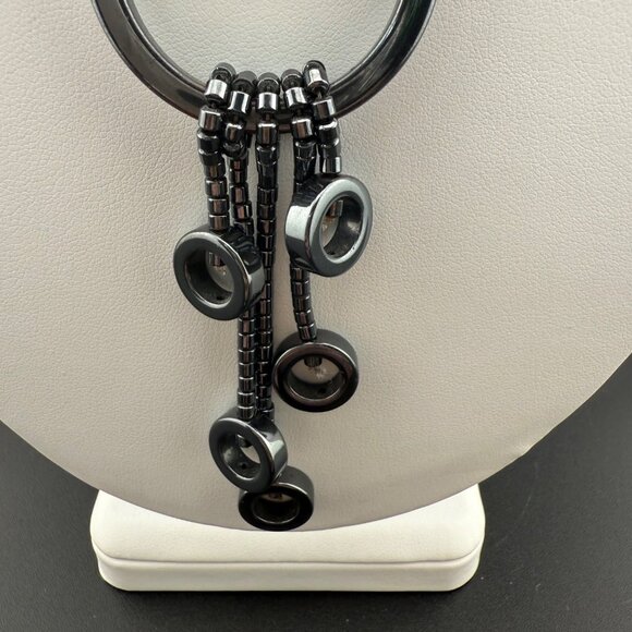 Black Hematite Beaded Necklace With Circular Pendant‎ & Dangling Bead Accents - Picture 2 of 6